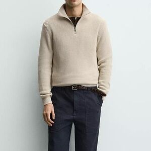 Zara Cotton Sweater NEW Men’s Medium Beige Shaker Knit Mock Neck Casual Friday